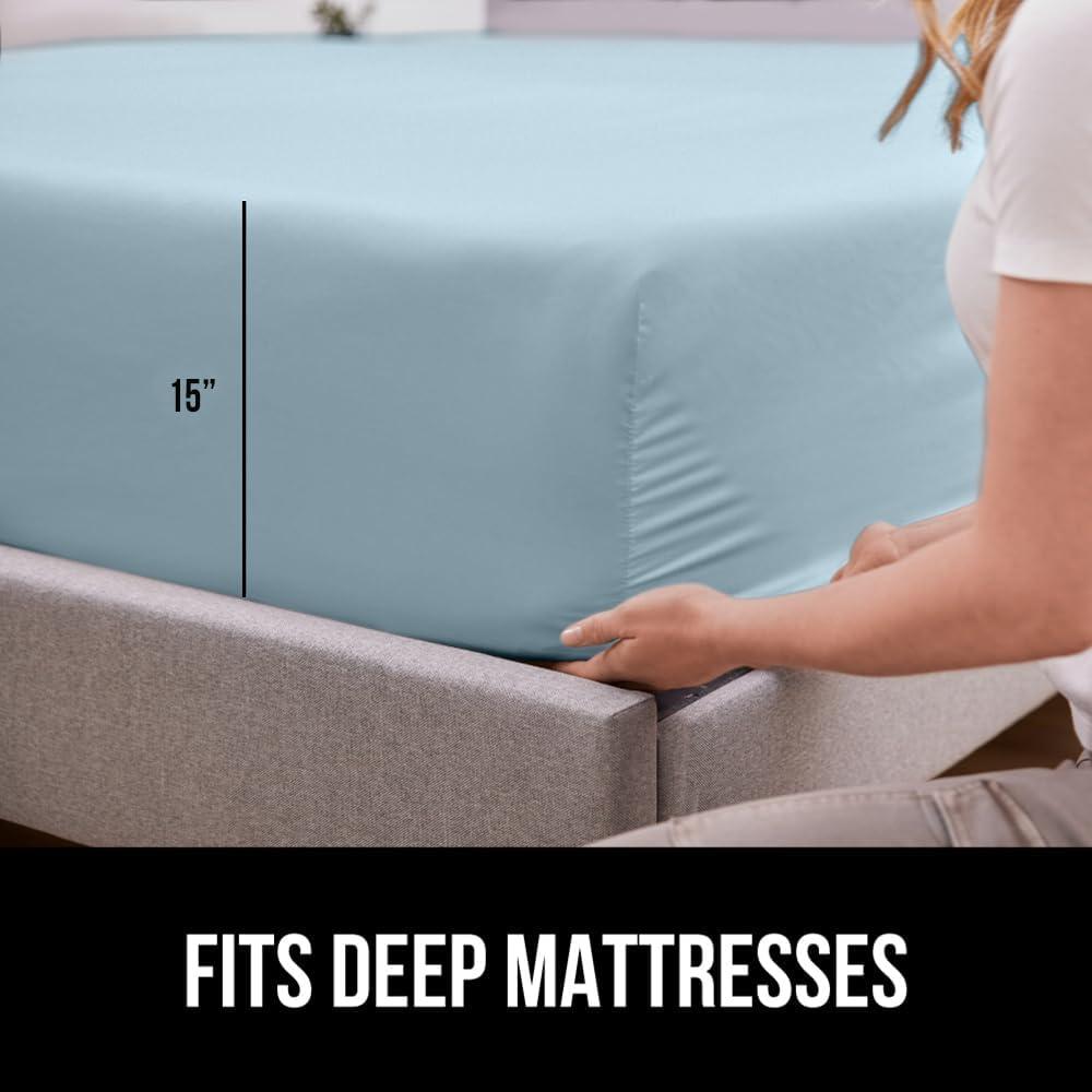 imageGORILLA GRIP Fitted Sheets Stay in Place Twin Size Deep Pocket Bottom Bed Sheets for Mattress Lightweight Microfiber Sbana All Around Elastic OekoTex Wrinkle and Shrink Resistant CreamSea Blue