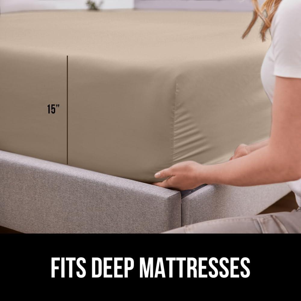 imageGORILLA GRIP Fitted Sheets Stay in Place Twin Size Deep Pocket Bottom Bed Sheets for Mattress Lightweight Microfiber Sbana All Around Elastic OekoTex Wrinkle and Shrink Resistant CreamTaupe