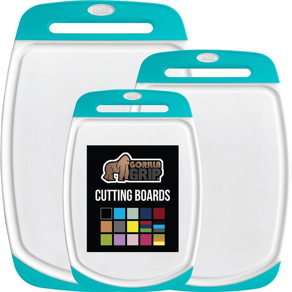 imageGORILLA GRIP BPAFree Reversible Kitchen Cutting Board Set of 3 US Designed Nonporous Juice Grooves Catch Liquid Slip Resistant Border Dishwasher Safe Large Food Chopping Boards Lime Orange LemonTurquoiseWhite