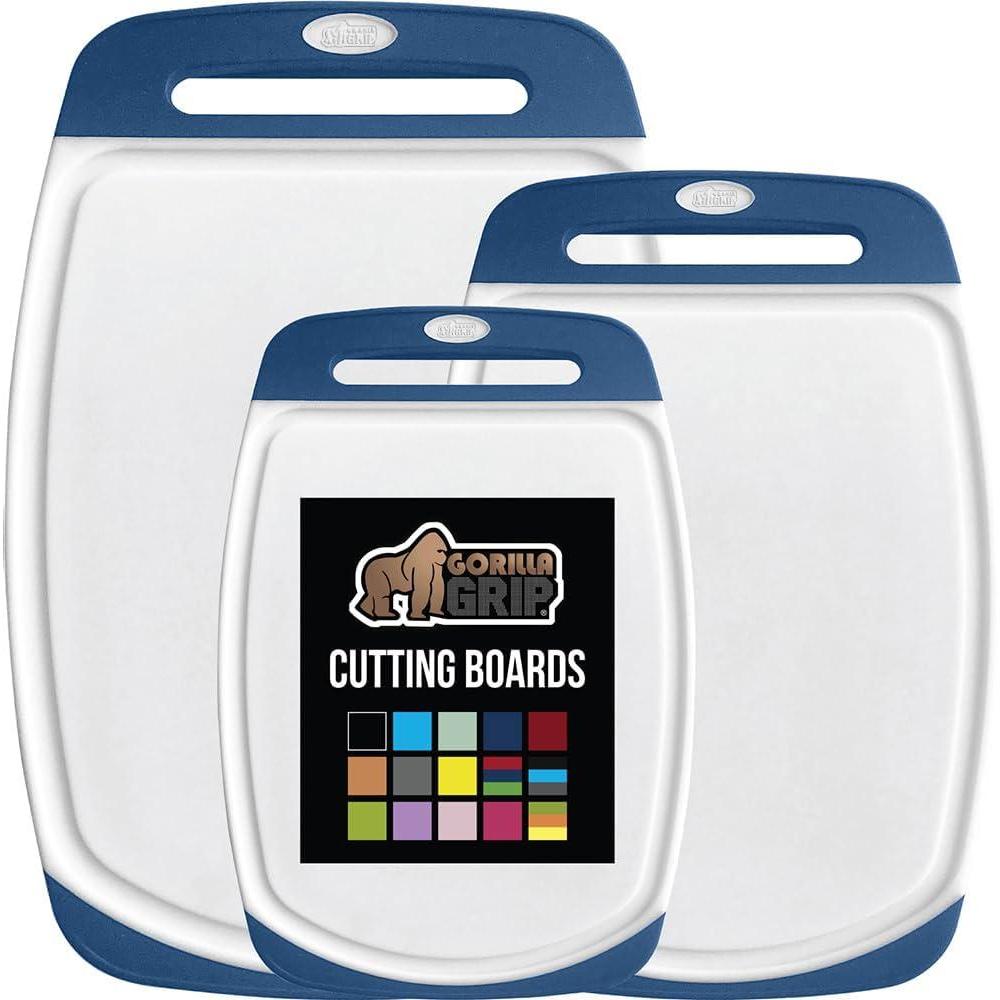 imageGORILLA GRIP BPAFree Reversible Kitchen Cutting Board Set of 3 US Designed Nonporous Juice Grooves Catch Liquid Slip Resistant Border Dishwasher Safe Large Food Chopping Boards Lime Orange LemonBlueWhite