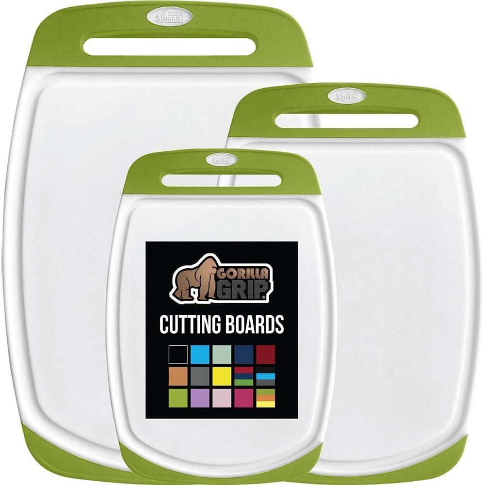 imageGORILLA GRIP BPAFree Reversible Kitchen Cutting Board Set of 3 US Designed Nonporous Juice Grooves Catch Liquid Slip Resistant Border Dishwasher Safe Large Food Chopping Boards Lime Orange LemonLimeWhite