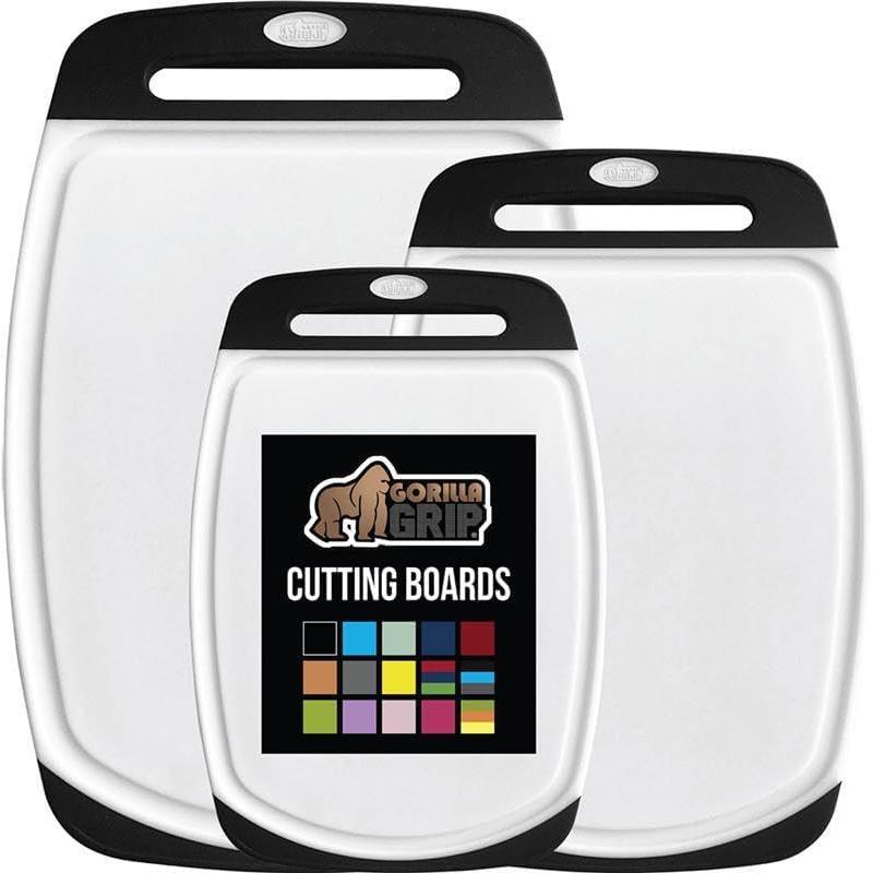 imageGORILLA GRIP BPAFree Reversible Kitchen Cutting Board Set of 3 US Designed Nonporous Juice Grooves Catch Liquid Slip Resistant Border Dishwasher Safe Large Food Chopping Boards Lime Orange LemonBlackWhite