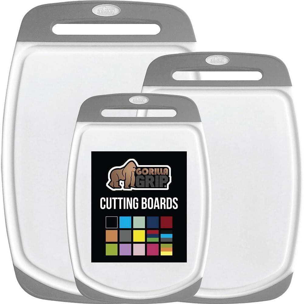 imageGORILLA GRIP BPAFree Reversible Kitchen Cutting Board Set of 3 US Designed Nonporous Juice Grooves Catch Liquid Slip Resistant Border Dishwasher Safe Large Food Chopping Boards Lime Orange LemonGrayWhite