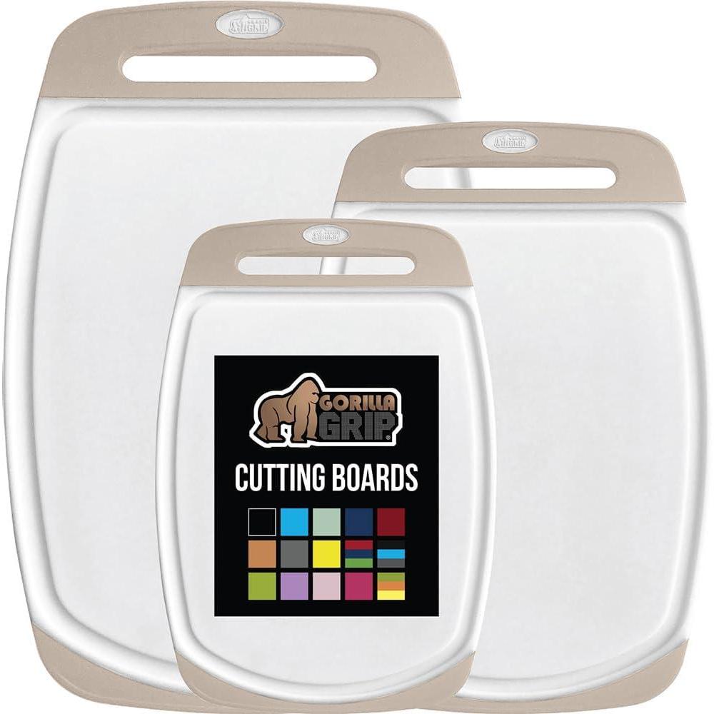 imageGORILLA GRIP BPAFree Reversible Kitchen Cutting Board Set of 3 US Designed Nonporous Juice Grooves Catch Liquid Slip Resistant Border Dishwasher Safe Large Food Chopping Boards Lime Orange LemonAlmondWhite