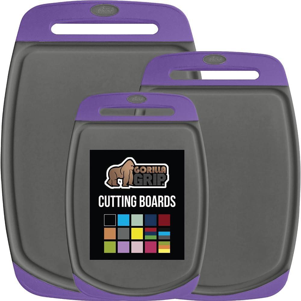 imageGORILLA GRIP BPAFree Reversible Kitchen Cutting Board Set of 3 US Designed Nonporous Juice Grooves Catch Liquid Slip Resistant Border Dishwasher Safe Large Food Chopping Boards Lime Orange LemonPurpleGray