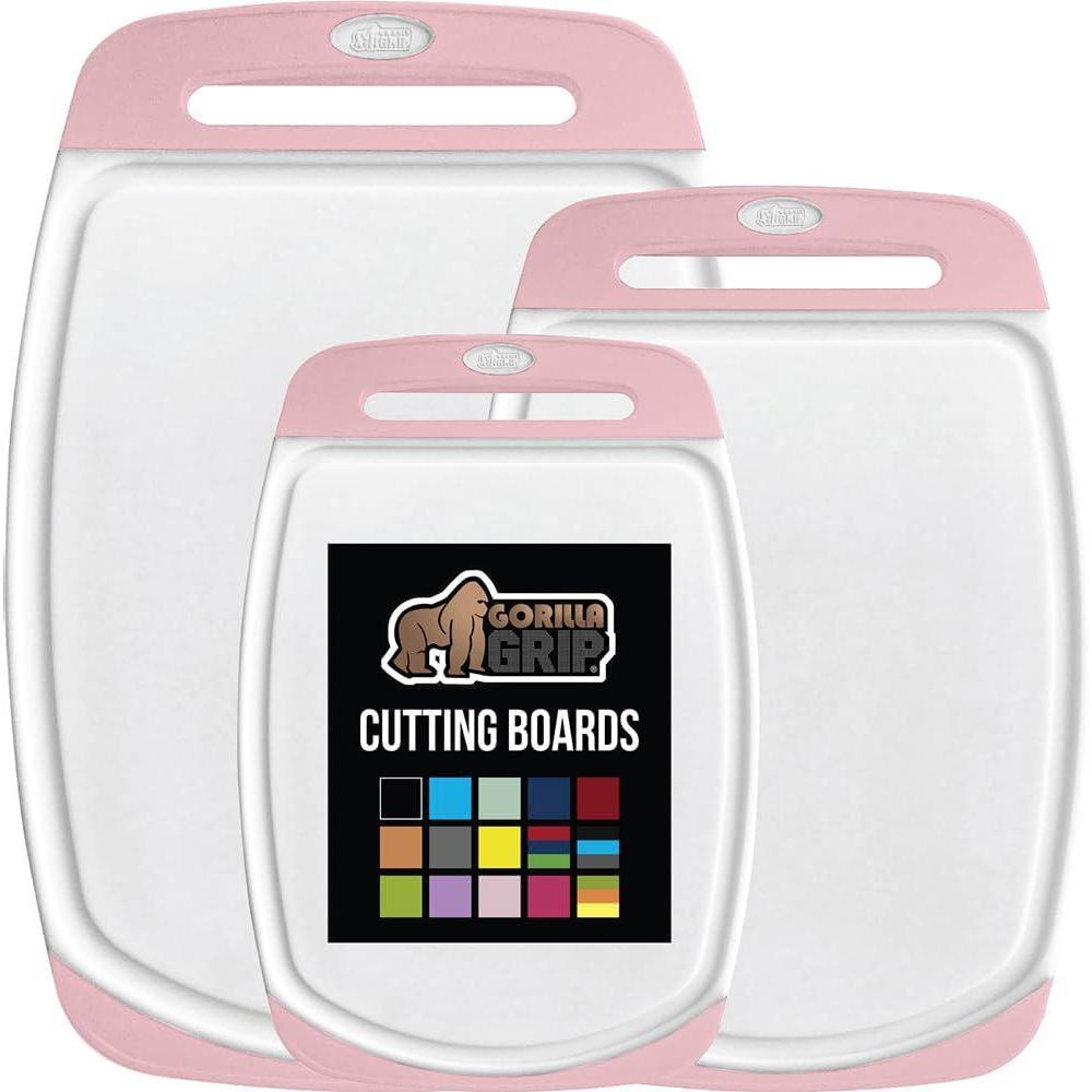 imageGORILLA GRIP BPAFree Reversible Kitchen Cutting Board Set of 3 US Designed Nonporous Juice Grooves Catch Liquid Slip Resistant Border Dishwasher Safe Large Food Chopping Boards Lime Orange LemonPinkWhite