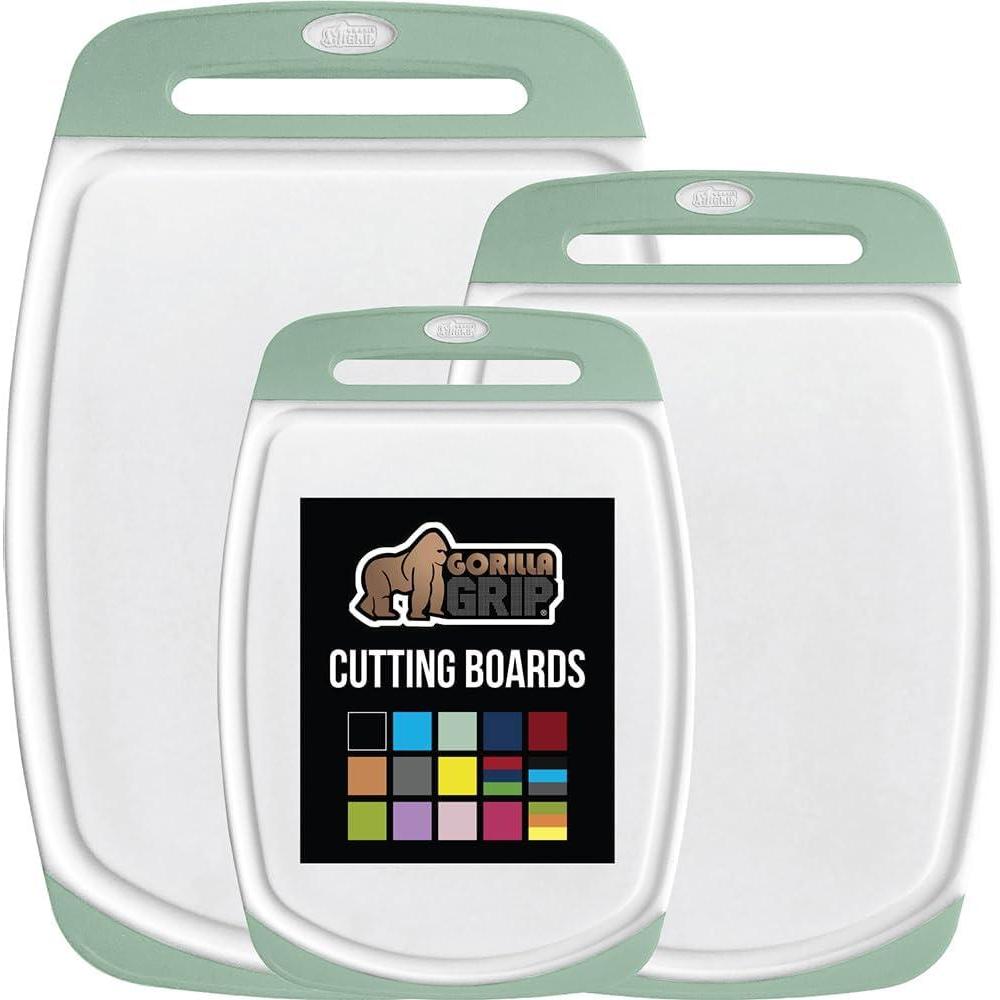 imageGORILLA GRIP BPAFree Reversible Kitchen Cutting Board Set of 3 US Designed Nonporous Juice Grooves Catch Liquid Slip Resistant Border Dishwasher Safe Large Food Chopping Boards Lime Orange LemonMintWhite