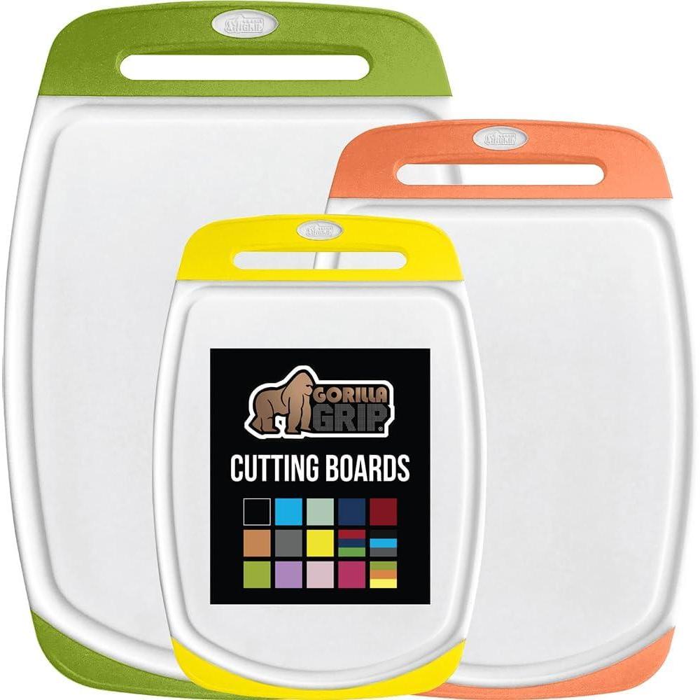 imageGORILLA GRIP BPAFree Reversible Kitchen Cutting Board Set of 3 US Designed Nonporous Juice Grooves Catch Liquid Slip Resistant Border Dishwasher Safe Large Food Chopping Boards Lime Orange LemonLimeOrangeLemon