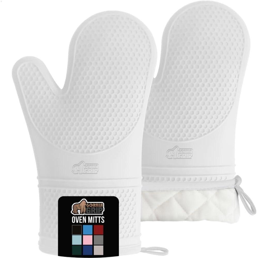 imageGORILLA GRIP BPAFree Soft Silicone Oven Mitts Heat Resistant and Waterproof Cooking Safety Gloves Thick Cotton Lining Flexible Gripping Kitchen Potholders Set for Grilling BBQ 125x83 BlackWhite