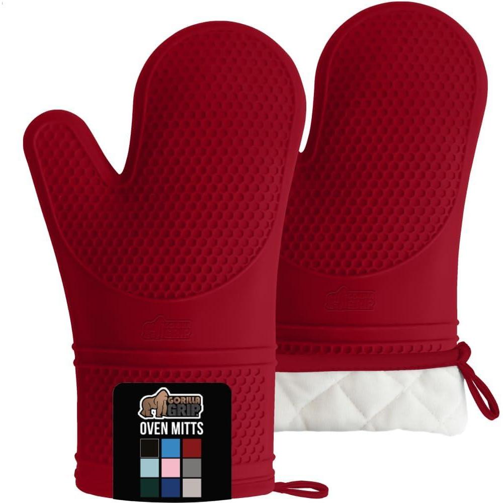 imageGORILLA GRIP BPAFree Soft Silicone Oven Mitts Heat Resistant and Waterproof Cooking Safety Gloves Thick Cotton Lining Flexible Gripping Kitchen Potholders Set for Grilling BBQ 125x83 BlackRed