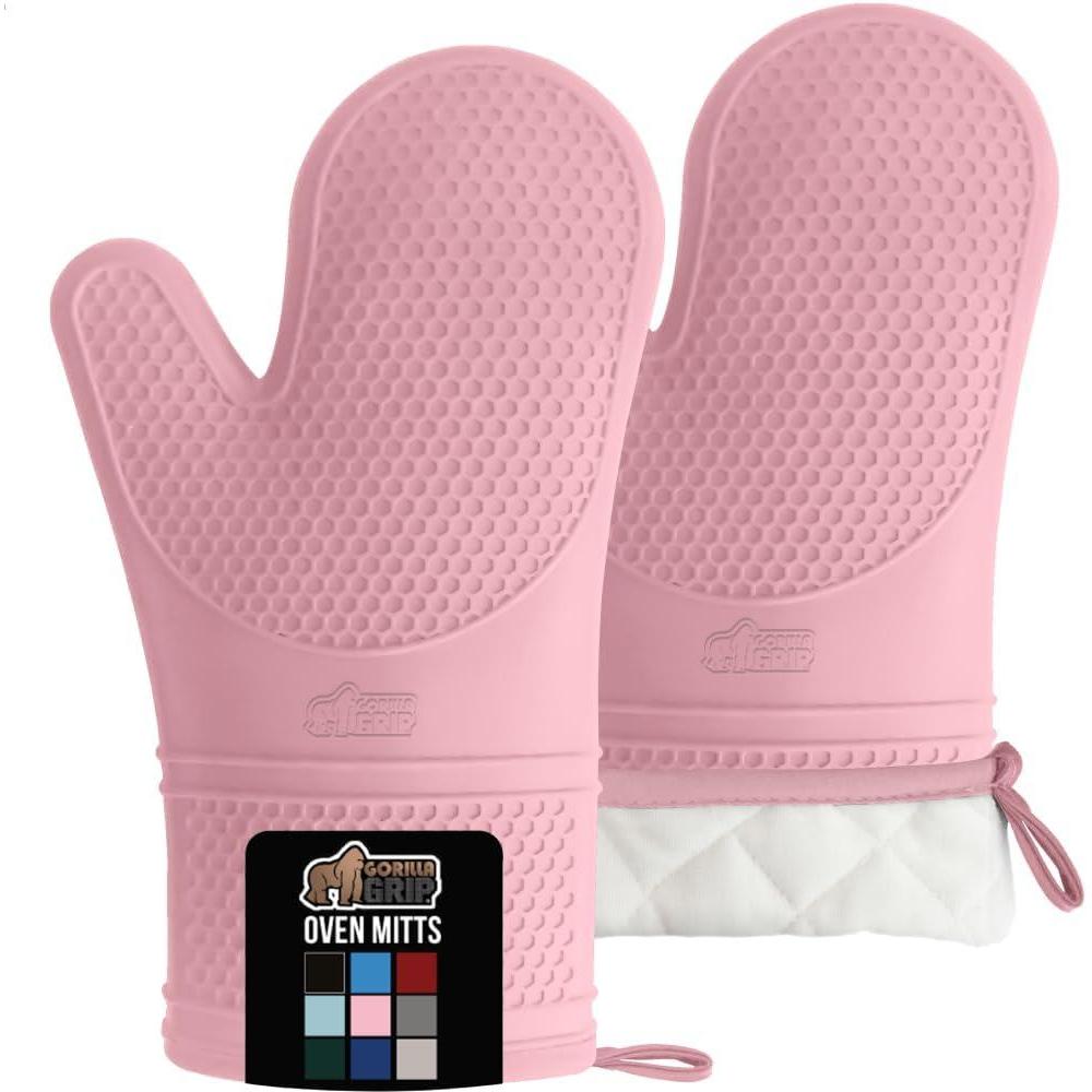 imageGORILLA GRIP BPAFree Soft Silicone Oven Mitts Heat Resistant and Waterproof Cooking Safety Gloves Thick Cotton Lining Flexible Gripping Kitchen Potholders Set for Grilling BBQ 125x83 BlackPink