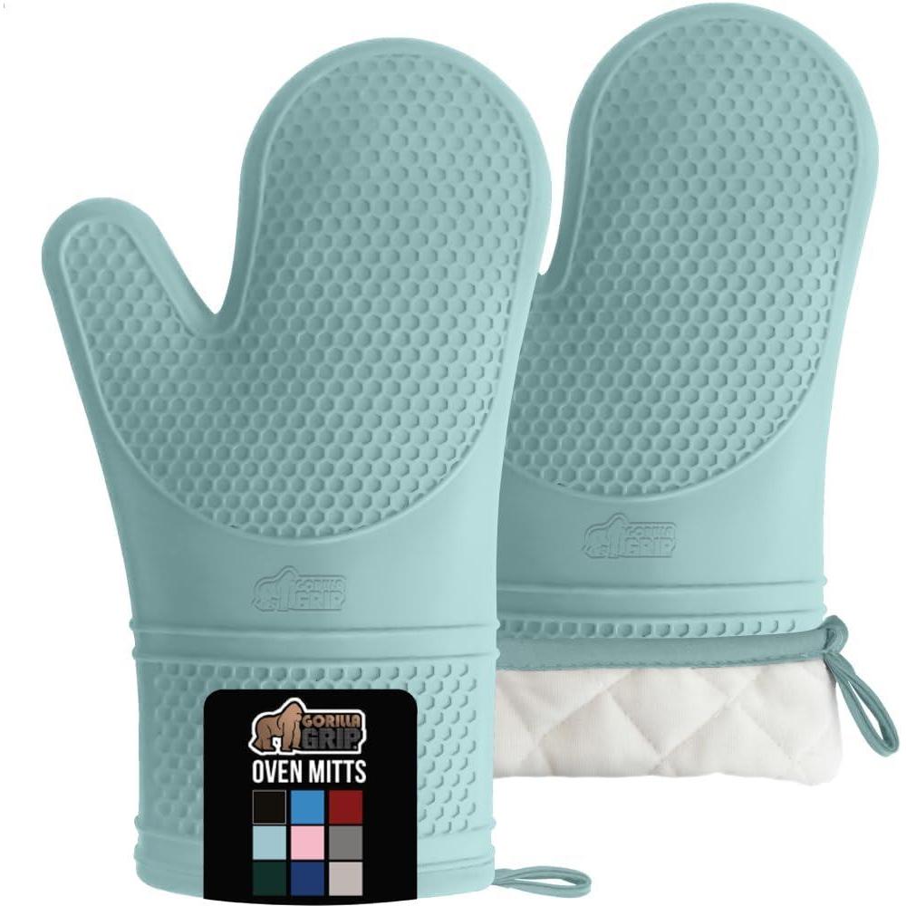 imageGORILLA GRIP BPAFree Soft Silicone Oven Mitts Heat Resistant and Waterproof Cooking Safety Gloves Thick Cotton Lining Flexible Gripping Kitchen Potholders Set for Grilling BBQ 125x83 BlackMint