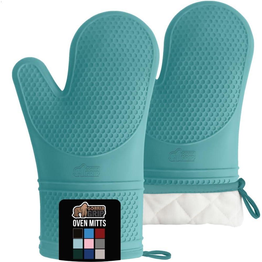 imageGORILLA GRIP BPAFree Soft Silicone Oven Mitts Heat Resistant and Waterproof Cooking Safety Gloves Thick Cotton Lining Flexible Gripping Kitchen Potholders Set for Grilling BBQ 125x83 BlackTurquoise