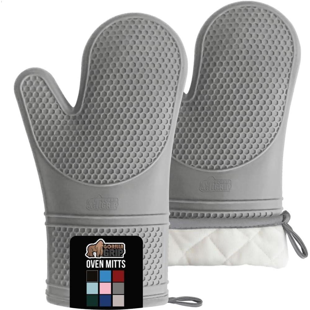 imageGORILLA GRIP BPAFree Soft Silicone Oven Mitts Heat Resistant and Waterproof Cooking Safety Gloves Thick Cotton Lining Flexible Gripping Kitchen Potholders Set for Grilling BBQ 125x83 BlackGray