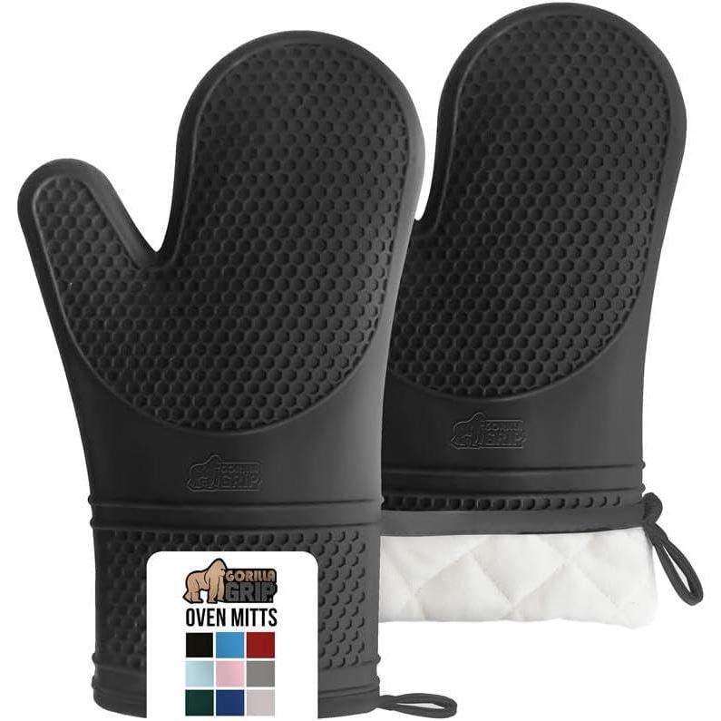 imageGORILLA GRIP BPAFree Soft Silicone Oven Mitts Heat Resistant and Waterproof Cooking Safety Gloves Thick Cotton Lining Flexible Gripping Kitchen Potholders Set for Grilling BBQ 125x83 BlackBlack