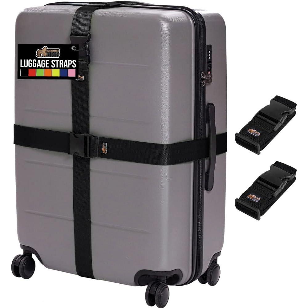 imageGORILLA GRIP Heavy Duty 4 Pack Adjustable Luggage Straps for Suitcases Easy to Identify Travel Belt Connector Holds Suitcase Together Extends Life of Bag Strap Connects Two Bags Accessories BlueBlack