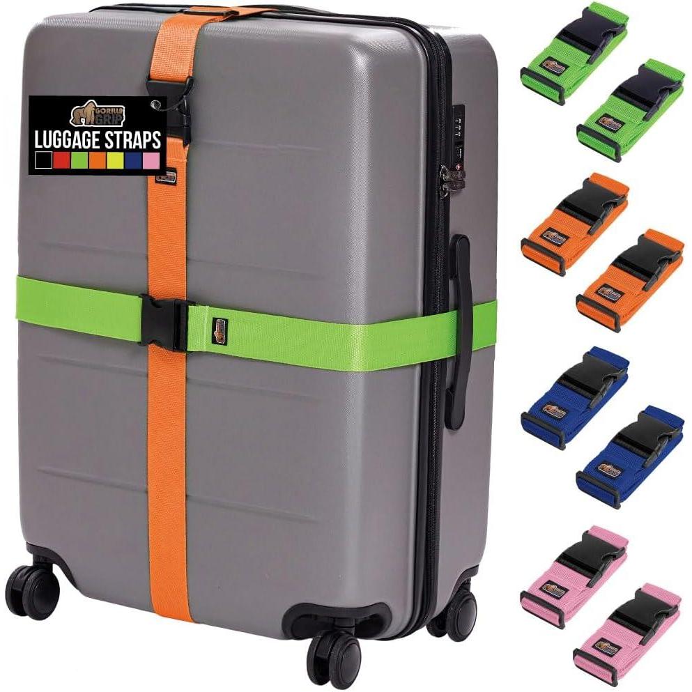 imageGORILLA GRIP Heavy Duty 4 Pack Adjustable Luggage Straps for Suitcases Easy to Identify Travel Belt Connector Holds Suitcase Together Extends Life of Bag Strap Connects Two Bags Accessories BlueGreenOrangeBluePink
