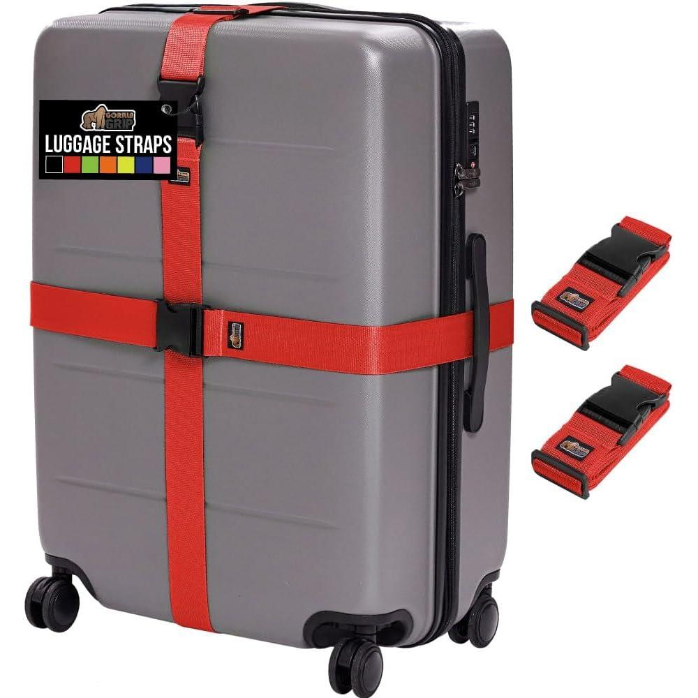 imageGORILLA GRIP Heavy Duty 4 Pack Adjustable Luggage Straps for Suitcases Easy to Identify Travel Belt Connector Holds Suitcase Together Extends Life of Bag Strap Connects Two Bags Accessories BlueRed