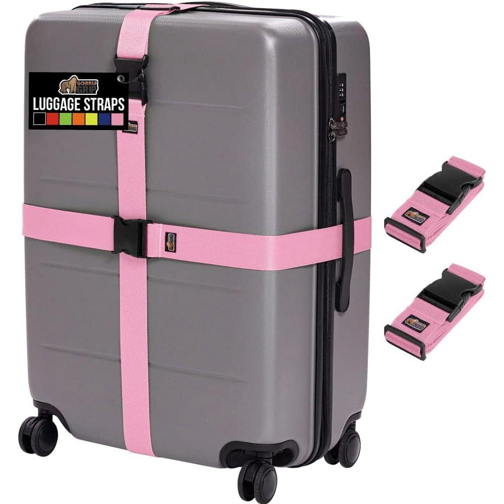 imageGORILLA GRIP Heavy Duty 4 Pack Adjustable Luggage Straps for Suitcases Easy to Identify Travel Belt Connector Holds Suitcase Together Extends Life of Bag Strap Connects Two Bags Accessories BluePink