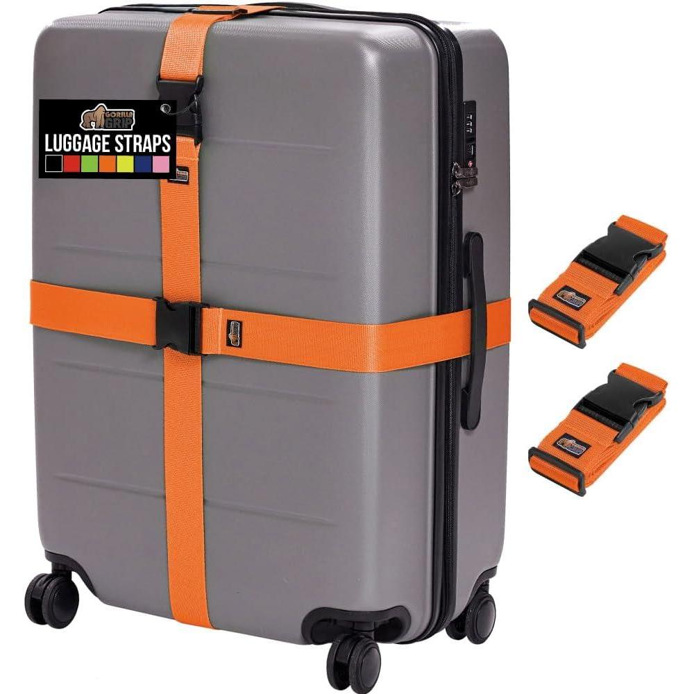 imageGORILLA GRIP Heavy Duty 4 Pack Adjustable Luggage Straps for Suitcases Easy to Identify Travel Belt Connector Holds Suitcase Together Extends Life of Bag Strap Connects Two Bags Accessories BlueOrange