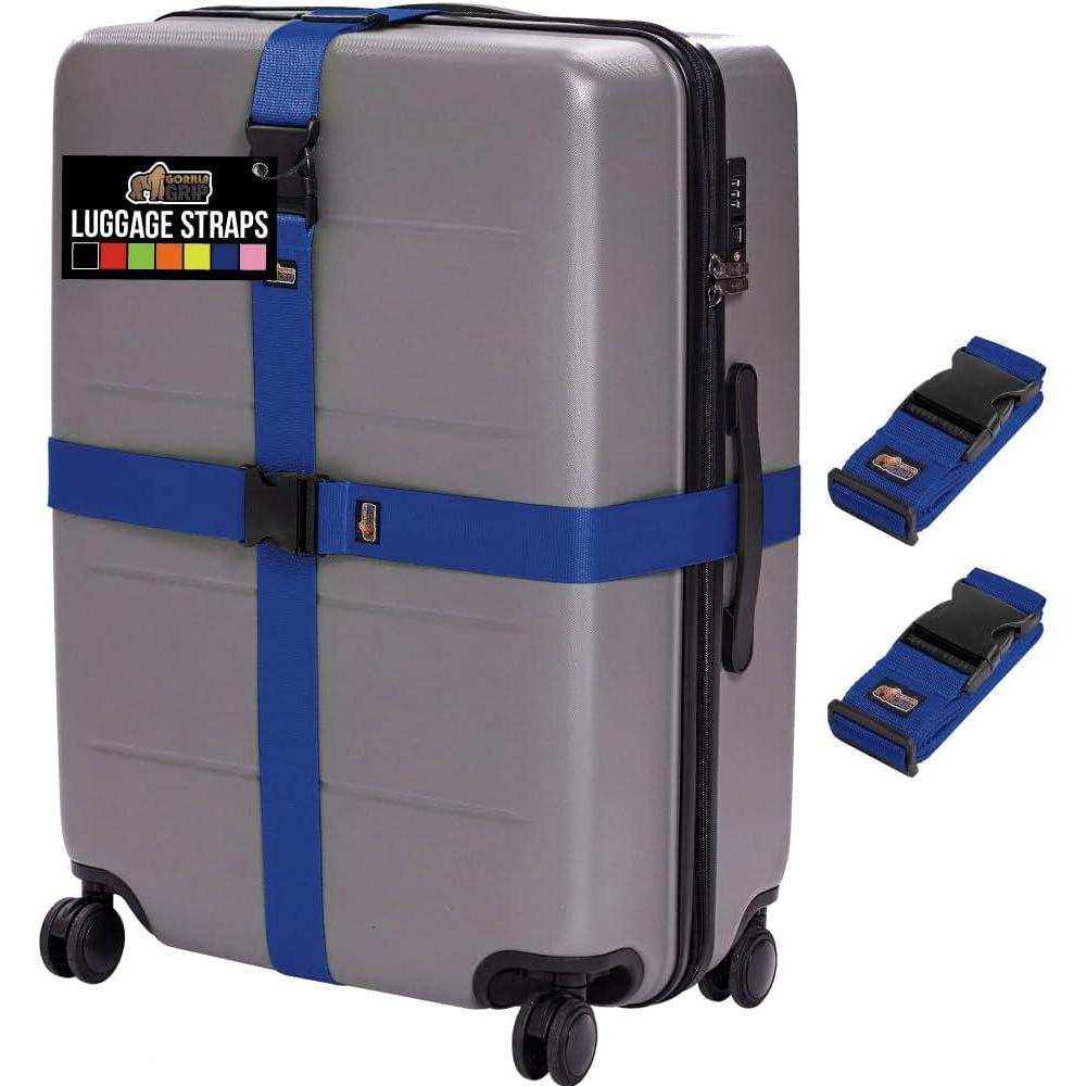 imageGORILLA GRIP Heavy Duty 4 Pack Adjustable Luggage Straps for Suitcases Easy to Identify Travel Belt Connector Holds Suitcase Together Extends Life of Bag Strap Connects Two Bags Accessories BlueBlue