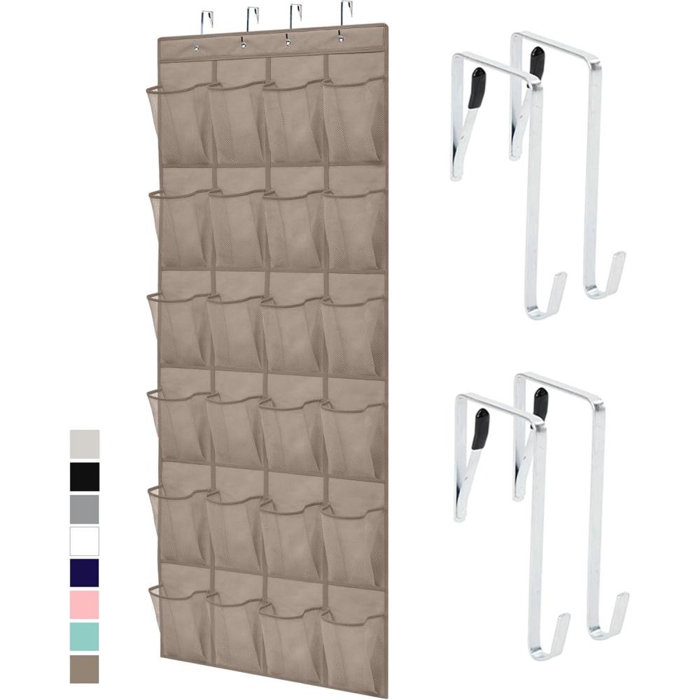 imageGORILLA GRIP Over the Door Shoe Organizer 24 Large Breathable Mesh Pockets Space Saving Hanging Storage Holder Closet Rack Hanger Holds Up to 40 lbs Hangs on Closets for Shoes Accessories BlackBeige
