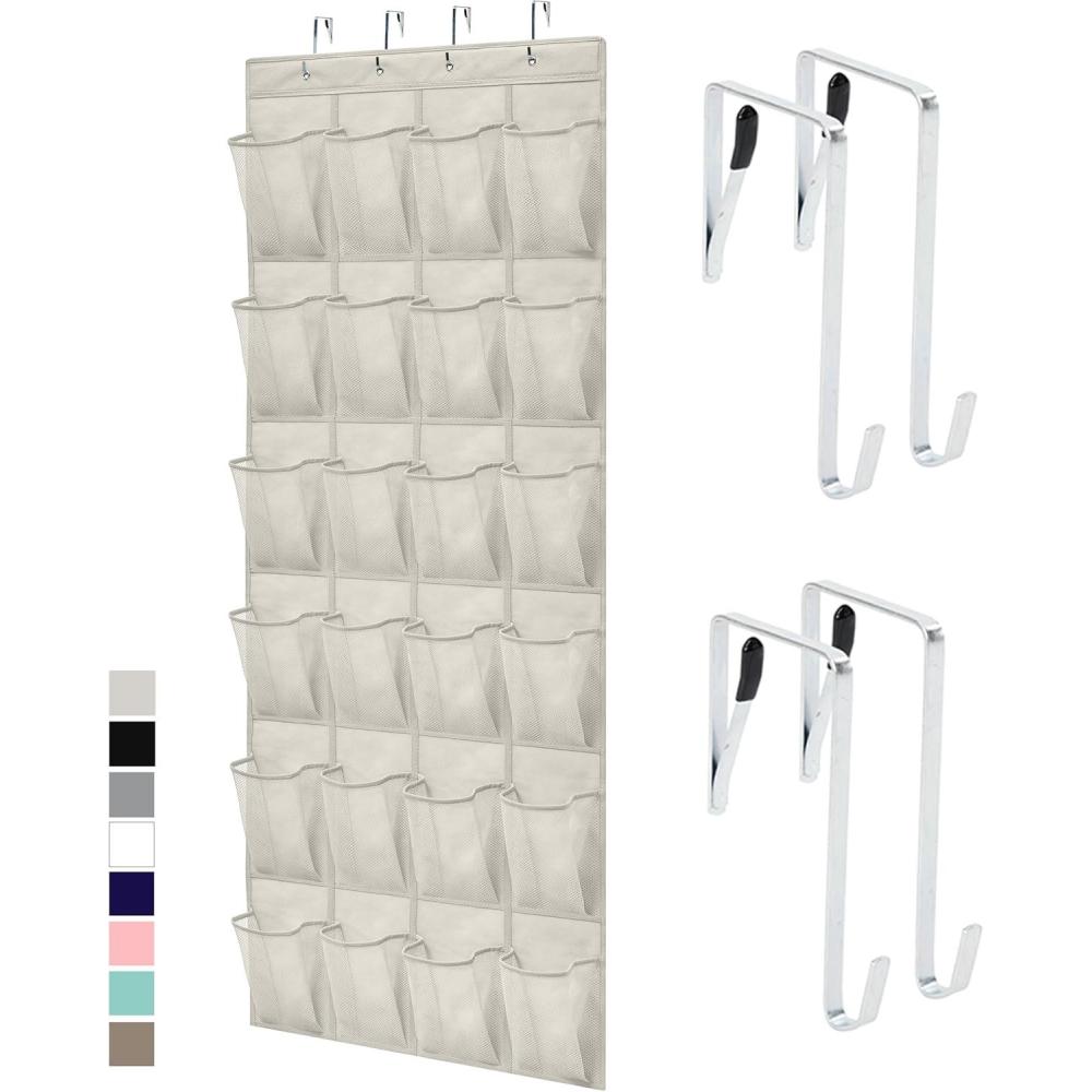 imageGORILLA GRIP Over the Door Shoe Organizer 24 Large Breathable Mesh Pockets Space Saving Hanging Storage Holder Closet Rack Hanger Holds Up to 40 lbs Hangs on Closets for Shoes Accessories BlackLinen
