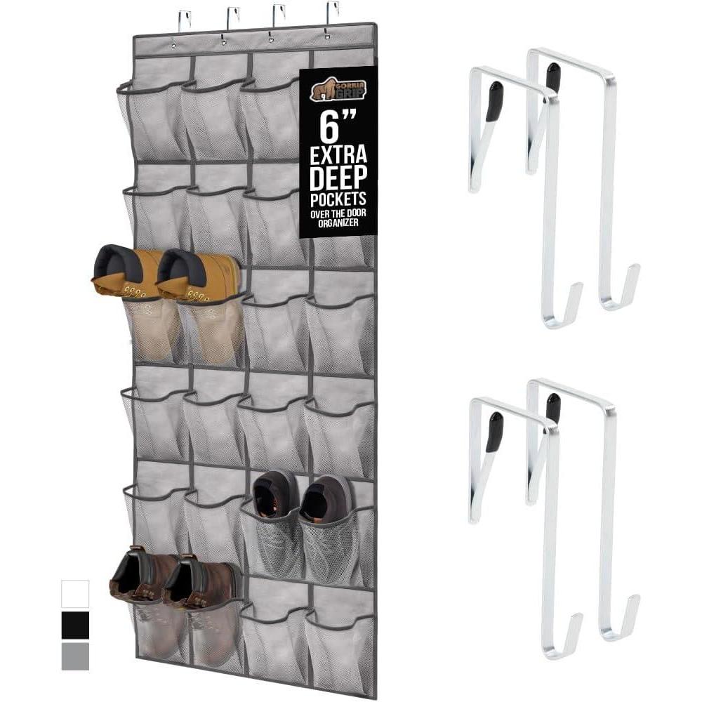 imageGORILLA GRIP Over the Door Shoe Organizer 24 Large Breathable Mesh Pockets Space Saving Hanging Storage Holder Closet Rack Hanger Holds Up to 40 lbs Hangs on Closets for Shoes Accessories BlackGray