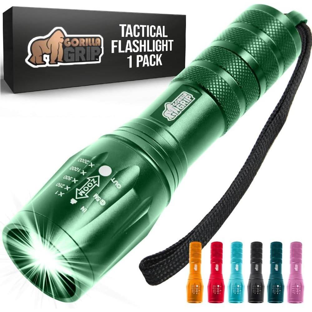 imageGORILLA GRIP Powerful LED Tactical Flashlight 750 FT High Lumens 5 Adjustable Modes Water Resistant Ultra Bright Zoom Stocking Stuffers White Elephant Holiday Gifts Dog Walking TurquoiseHunter Green