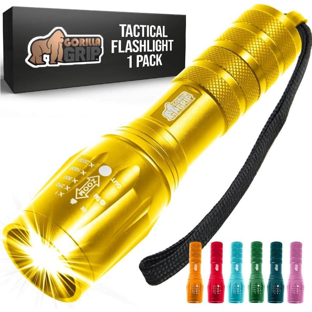 imageGORILLA GRIP Powerful LED Tactical Flashlight 750 FT High Lumens 5 Adjustable Modes Water Resistant Ultra Bright Zoom Stocking Stuffers White Elephant Holiday Gifts Dog Walking TurquoiseYellow Gold