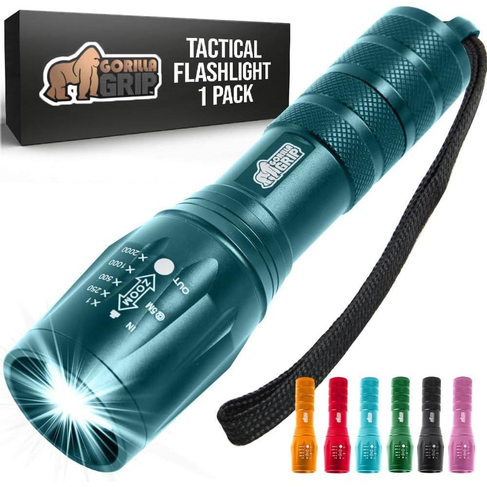 imageGORILLA GRIP Powerful LED Tactical Flashlight 750 FT High Lumens 5 Adjustable Modes Water Resistant Ultra Bright Zoom Stocking Stuffers White Elephant Holiday Gifts Dog Walking TurquoiseTeal Blue