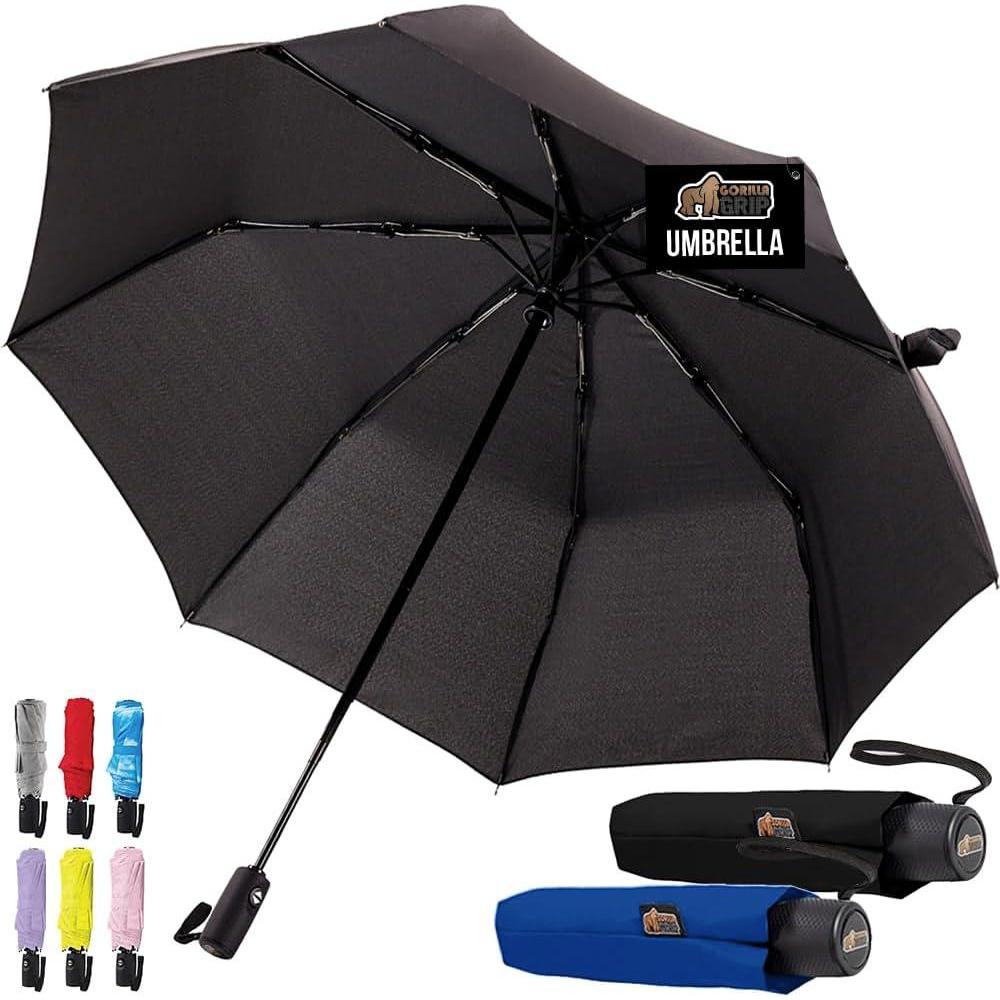 imageGORILLA GRIP Strong Windproof Stick Compact Umbrella for Rain OneClick Automatic Open and Close Durable Quick Dry Waterproof Material Lightweight and Portable Travel Size Fits Backpack RainbowBlack Navy