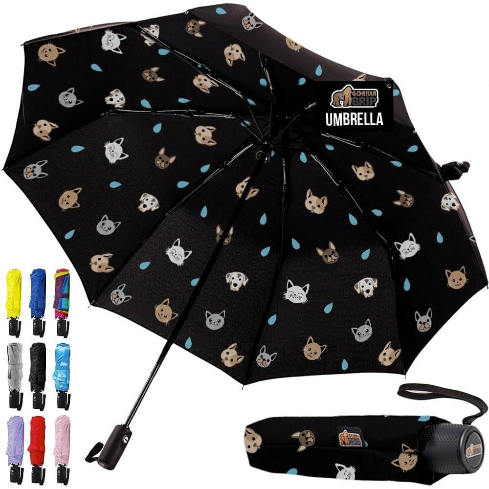imageGORILLA GRIP Strong Windproof Stick Compact Umbrella for Rain OneClick Automatic Open and Close Durable Quick Dry Waterproof Material Lightweight and Portable Travel Size Fits Backpack RainbowRaining Cats Dogs