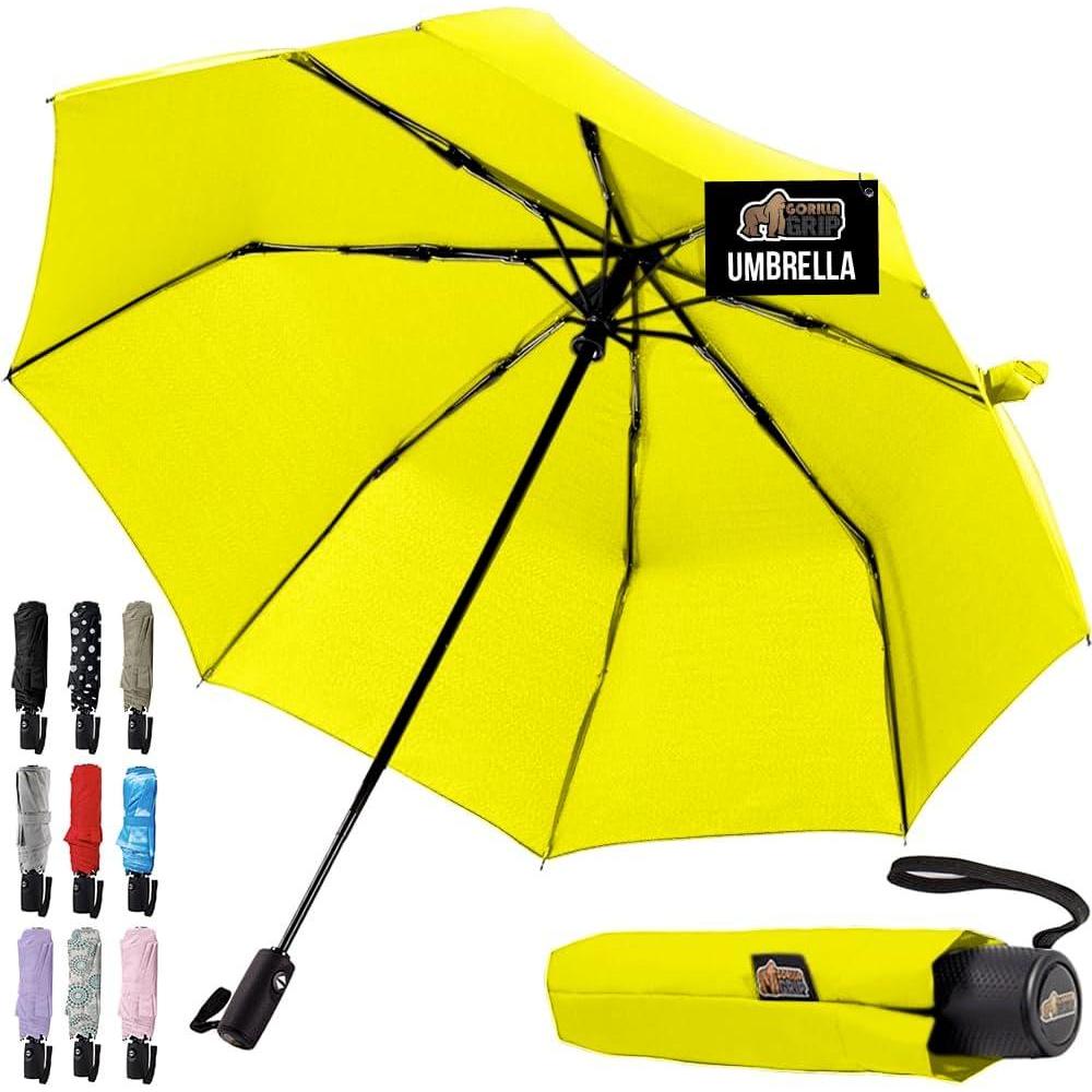 imageGORILLA GRIP Strong Windproof Stick Compact Umbrella for Rain OneClick Automatic Open and Close Durable Quick Dry Waterproof Material Lightweight and Portable Travel Size Fits Backpack RainbowYellow