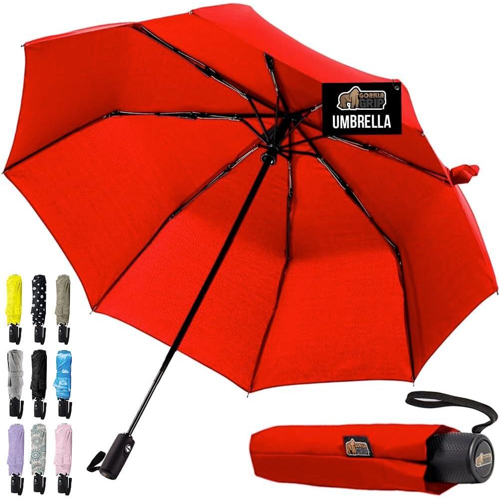 imageGORILLA GRIP Strong Windproof Stick Compact Umbrella for Rain OneClick Automatic Open and Close Durable Quick Dry Waterproof Material Lightweight and Portable Travel Size Fits Backpack RainbowRed