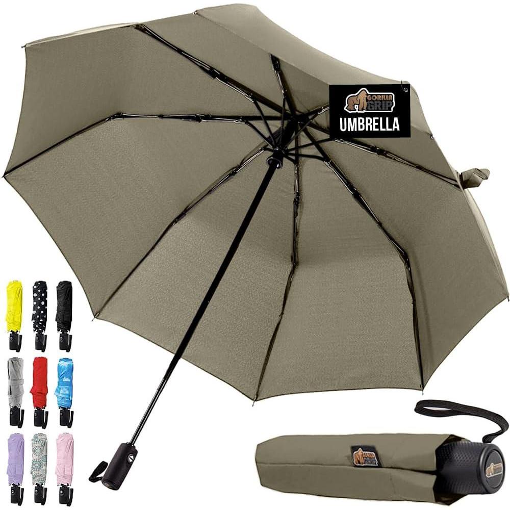 imageGORILLA GRIP Strong Windproof Stick Compact Umbrella for Rain OneClick Automatic Open and Close Durable Quick Dry Waterproof Material Lightweight and Portable Travel Size Fits Backpack RainbowBeige