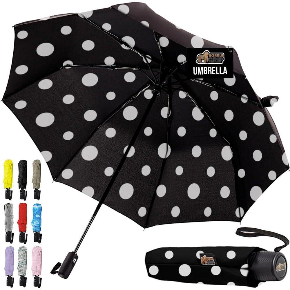 imageGORILLA GRIP Strong Windproof Stick Compact Umbrella for Rain OneClick Automatic Open and Close Durable Quick Dry Waterproof Material Lightweight and Portable Travel Size Fits Backpack RainbowPolka Dots