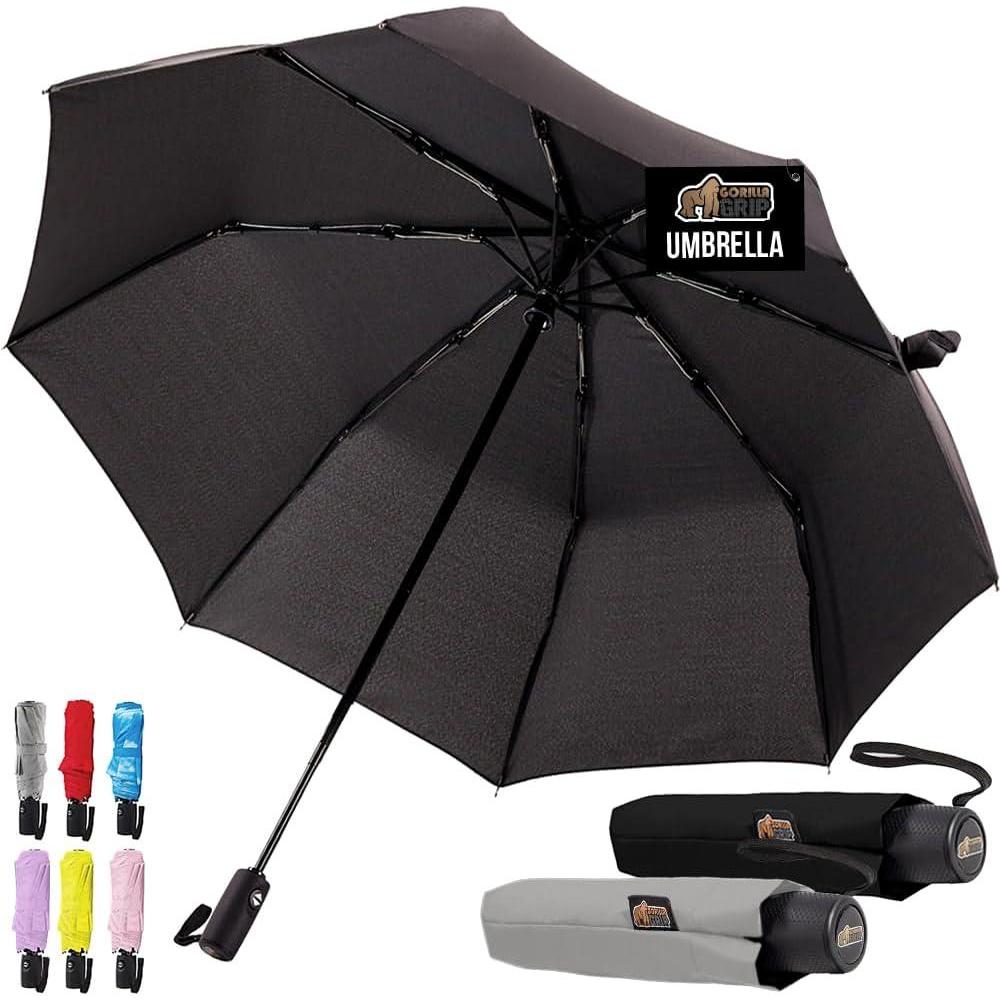 imageGORILLA GRIP Strong Windproof Stick Compact Umbrella for Rain OneClick Automatic Open and Close Durable Quick Dry Waterproof Material Lightweight and Portable Travel Size Fits Backpack RainbowBlack  Gray