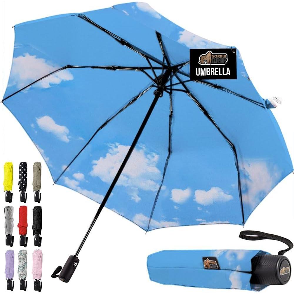 imageGORILLA GRIP Strong Windproof Stick Compact Umbrella for Rain OneClick Automatic Open and Close Durable Quick Dry Waterproof Material Lightweight and Portable Travel Size Fits Backpack RainbowSky Blue Clouds
