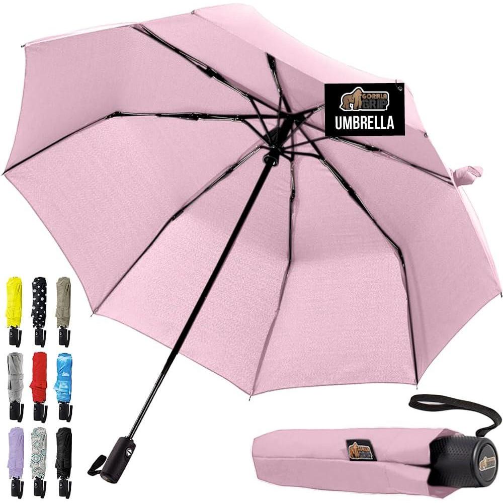 imageGORILLA GRIP Strong Windproof Stick Compact Umbrella for Rain OneClick Automatic Open and Close Durable Quick Dry Waterproof Material Lightweight and Portable Travel Size Fits Backpack RainbowPink