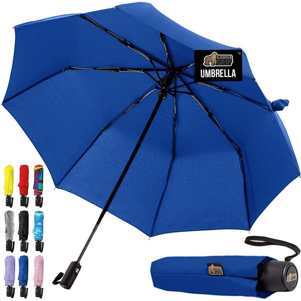 imageGORILLA GRIP Strong Windproof Stick Compact Umbrella for Rain OneClick Automatic Open and Close Durable Quick Dry Waterproof Material Lightweight and Portable Travel Size Fits Backpack RainbowNavy