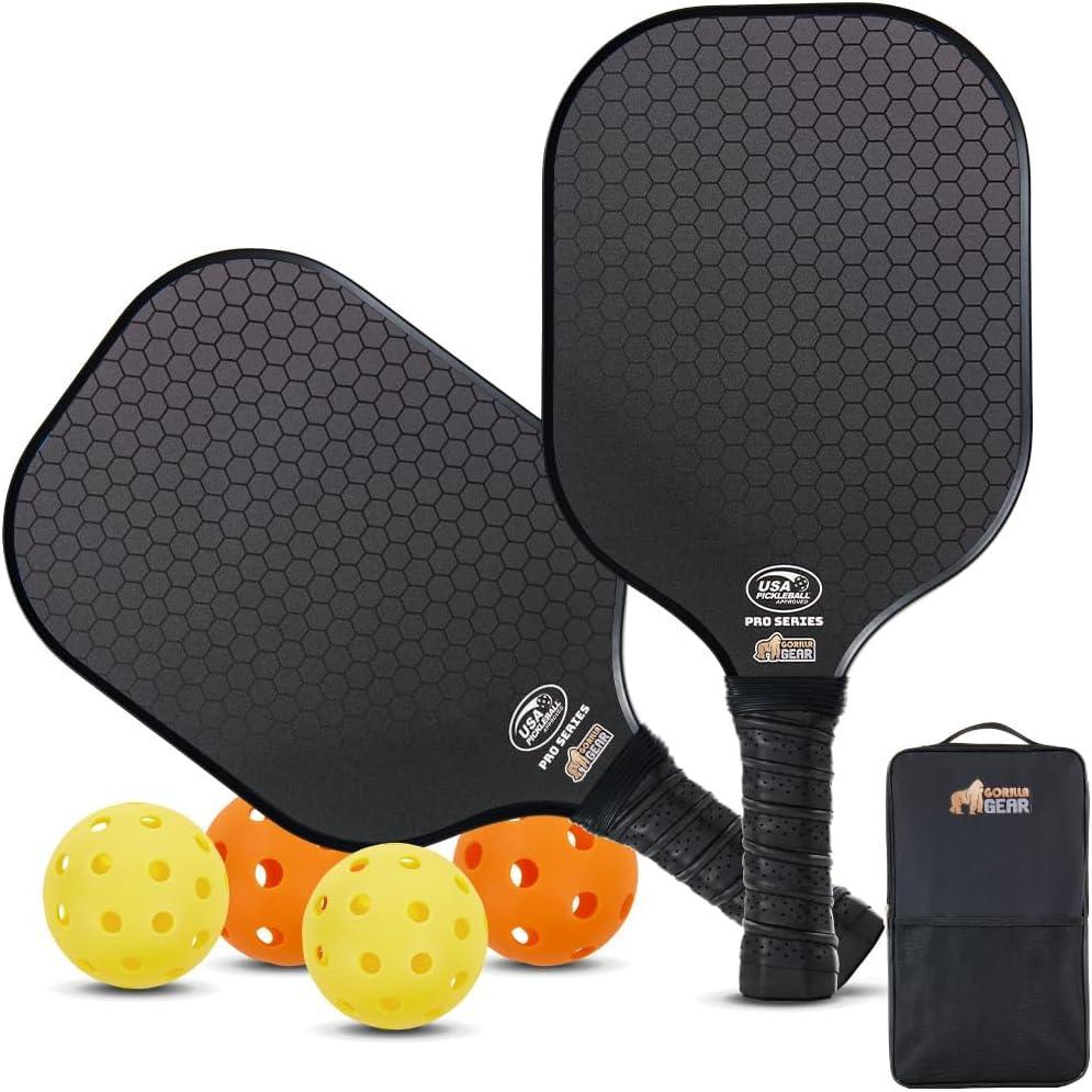 imageGorilla Gear USAPA Approved Pickleball Starter Set Fiberglass Paddles with Bag and Balls Indoor Outdoor Court Use Comfortable Racket Grip Oversized Sweet Spot Pickle Ball Paddle for Men WomenBlack