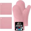 GORILLA GRIP BPA-Free Soft Silicone Oven Mitts, Heat Resistant and Waterproof Cooking Safety Gloves, Thick Cotton Lining, Flexible Gripping, Kitchen Potholders Set, for Grilling, BBQ, 12.5×8.3, Black(Pink)