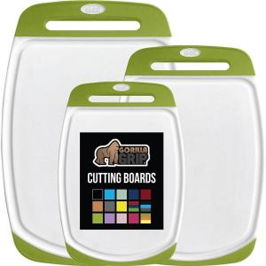 GORILLA GRIP BPA-Free Reversible Kitchen Cutting Board Set of 3 US Designed, Nonporous, Juice Grooves Catch Liquid, Slip Resistant Border, Dishwasher Safe Large Food Chopping Boards, Lime Orange Lemon(Lime/White)