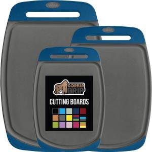 GORILLA GRIP BPA-Free Reversible Kitchen Cutting Board Set of 3 US Designed, Nonporous, Juice Grooves Catch Liquid, Slip Resistant Border, Dishwasher Safe Large Food Chopping Boards, Lime Orange Lemon(Blue/Gray)