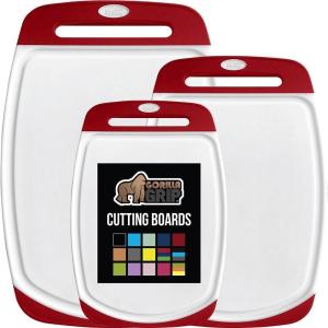 GORILLA GRIP BPA-Free Reversible Kitchen Cutting Board Set of 3 US Designed, Nonporous, Juice Grooves Catch Liquid, Slip Resistant Border, Dishwasher Safe Large Food Chopping Boards, Lime Orange Lemon(Red/White)