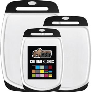 GORILLA GRIP BPA-Free Reversible Kitchen Cutting Board Set of 3 US Designed, Nonporous, Juice Grooves Catch Liquid, Slip Resistant Border, Dishwasher Safe Large Food Chopping Boards, Lime Orange Lemon(Black/White)