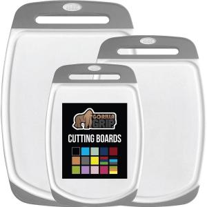 GORILLA GRIP BPA-Free Reversible Kitchen Cutting Board Set of 3 US Designed, Nonporous, Juice Grooves Catch Liquid, Slip Resistant Border, Dishwasher Safe Large Food Chopping Boards, Lime Orange Lemon(Gray/White)