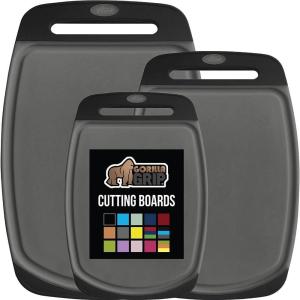 GORILLA GRIP BPA-Free Reversible Kitchen Cutting Board Set of 3 US Designed, Nonporous, Juice Grooves Catch Liquid, Slip Resistant Border, Dishwasher Safe Large Food Chopping Boards, Lime Orange Lemon(Black/Gray)