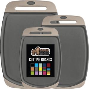 GORILLA GRIP BPA-Free Reversible Kitchen Cutting Board Set of 3 US Designed, Nonporous, Juice Grooves Catch Liquid, Slip Resistant Border, Dishwasher Safe Large Food Chopping Boards, Lime Orange Lemon(Almond/Gray)